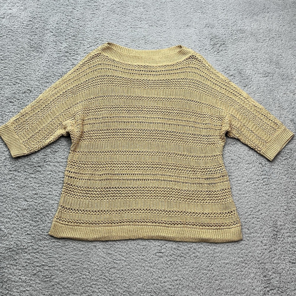 Chicos Travelers Metallic Gold Top L/12 Chicos Sz‎ 2 Scoop Neck Stretch Shirt